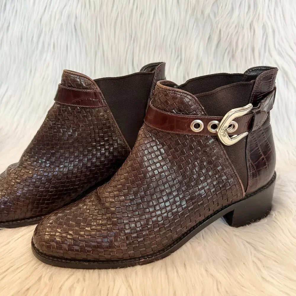 Brighton Winona Woven Leather Ankle Boot Snake Print Silver Buckle Chelsea Brown - Picture 4 of 10